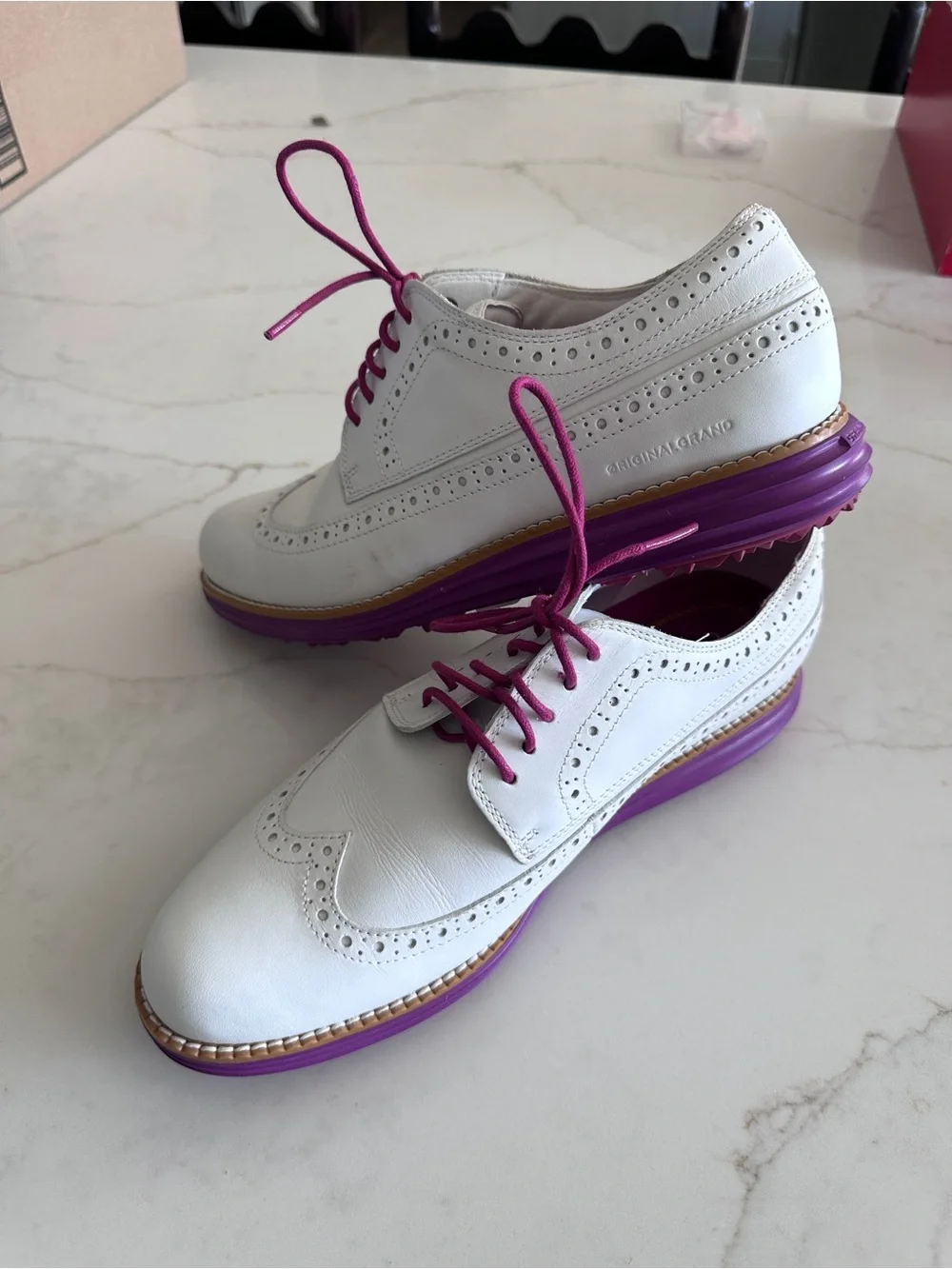 Cole Haan White Wingtip Golf shoes with Purple Sole and Pink Laces